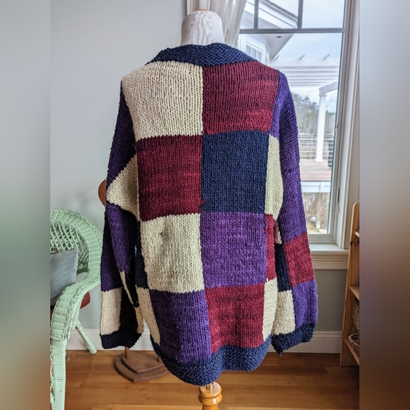 Vintage 90s Chunky Knit Purple Patchwork Ecuadorian Cardigan Sweater XL Rey Wear - Picture 5 of 6